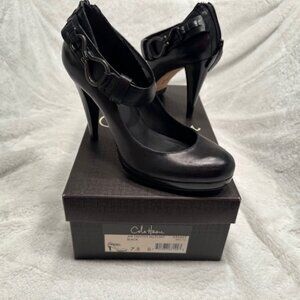 black leather pumps